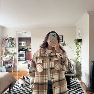ASOS Cream and Brown Plaid Teddy Jacket